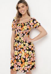 Czarno-Pomarańczowa Wiskozowa Sukienka Midi Rozkloszowana w Kwiatowy Print Acarana. Czarne sukienki damskie Born2be, na lato, s, bez wzorów, z materiału, bez kołnierzyka, bez ramiączek, midi, rozkloszowane. W wyprzedaży za 55.99 zł.