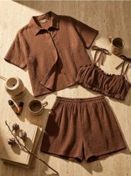 Bawełniana piżama trzyczęsciowa - brązowy. Brązowe piżamy damskie Sinsay, l, bez wzorów, z bawełny, bez ramiączek. Za 59.99 zł.