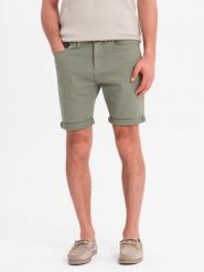 Klasyczne męskie jeansowe szorty z podwiniętą nogawką – jasnooliwkowe V5 OM-SRDS-0162 - XXL. Zielone szorty męskie Ombre Clothing, z bawełny, bez kołnierzyka. W wyprzedaży za 49.99 zł.