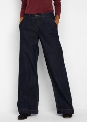 Jeansy o kroju wide leg, high waist z wygodnym pasem. Niebieskie jeansy damskie bonprix, z podwyższonym stanem. Za 149.99 zł.