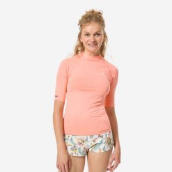 Top UV surfingowy damski Decathlon 100 krótki rękaw. Brązowe topy damskie Decathlon, s, bez wzorów, z elastanu, bez kołnierzyka. Za 49.99 zł.