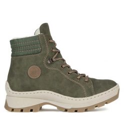 Botki Rieker. Zielone botki damskie Rieker, bez obcasa, na płaskiej podeszwie, bez zapięcia. Za 265.99 zł.