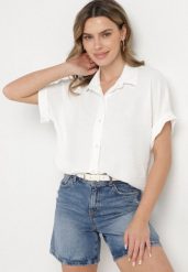 Biała Koszula z Krótkim Rękawem Natenna. Białe koszule damskie Born2be, na lato, bez wzorów, z jeansu, eleganckie, bez kołnierzyka, bez ramiączek. Za 59.99 zł.