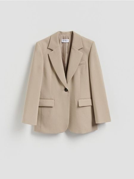 Jednorzędowa marynarka - beżowy. Brązowe marynarki i żakiety damskie Reserved, l, bez wzorów, z tkaniny. Za 219.99 zł.