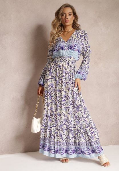 Fioletowo-Beżowa Sukienka Maxi w Kwiaty z Wiskozy Vellu. Fioletowe sukienki damskie Renee, l, z aplikacjami, z wiskozy, boho, bez kołnierzyka, bez ramiączek, maxi, rozkloszowane. Za 99.99 zł.
