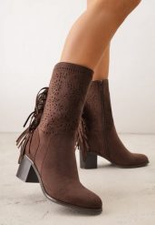 Ciemnobrązowe Ażurowe Botki Typu Kowbojki ze Skórzaną Wkładką Ozdobione Frędzlami Ceziva. Brązowe botki damskie Born2be, z jeansu, eleganckie, bez obcasa, na obcasie, bez zapięcia. Za 199.99 zł.