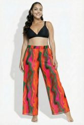 Damskie Spodnie palazzo wzór w fale szeroka nogawka elastyczny pas. Czerwone spodnie materiałowe damskie Ulla Popken, bez wzorów, z elastanu, plus size. Za 239.99 zł.
