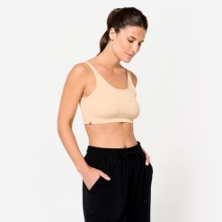 Stanik sportowy Kimjaly. Brązowe biustonosze sportowe damskie Decathlon, bez wzorów, z elastanu. Za 69.99 zł.