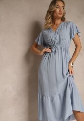 Niebieska Rozkloszowana Sukienka z Bawełny Zdobiona Guzikami Folennea. Niebieskie sukienki damskie Renee, na co dzień, l, z aplikacjami, z bawełny, eleganckie, bez kołnierzyka, bez ramiączek, midi, rozkloszowane. W wyprzedaży za 59.49 zł.