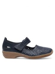 Rieker Półbuty 41399-14 Granatowy. Niebieskie półbuty damskie Rieker, bez wzorów, ze skóry, bez obcasa, na płaskiej podeszwie. Za 299.99 zł.