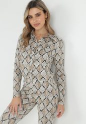 Beżowa Koszula w Ornamentalny Wzór Lagzos. Brązowe koszule damskie Born2be, l, z aplikacjami, klasyczne, bez kołnierzyka, bez ramiączek. Za 109.99 zł.