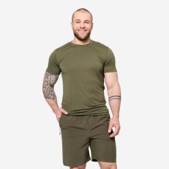 Koszulka fitness męska Domyos slim krótki rękaw. Zielone t-shirty sportowe męskie DOMYOS, l, z materiału, bez ramiączek, na fitness i siłownię. Za 39.99 zł.