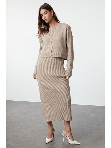 Trendyol 2-częściowy zestaw w kolorze beżowym rozmiar: M. Brązowe kardigany damskie Trendyol, m, bez wzorów. Za 151.90 zł.