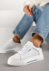 Białe Sneakersy Typu Tenisówki ze Skóry Naturalnej z Ozdobną Perforacją Vivallie. Białe trampki i tenisówki damskie Renee, bez wzorów, z jeansu. Za 139.99 zł.