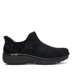 Półbuty Skechers. Czarne półbuty damskie Skechers, bez wzorów, bez obcasa, na płaskiej podeszwie. Za 429.99 zł.