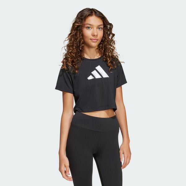 Koszulka Training Essentials Glam Print. Czarne bluzki damskie Adidas, bez wzorów, sportowe, bez kołnierzyka, bez ramiączek. Za 130.65 zł.