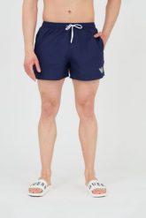 EMPORIO ARMANI Spodenki kąpielowe granatowe. Niebieskie kąpielówki męskie Emporio Armani, m, bez wzorów, z poliesteru. W wyprzedaży za 229.99 zł.