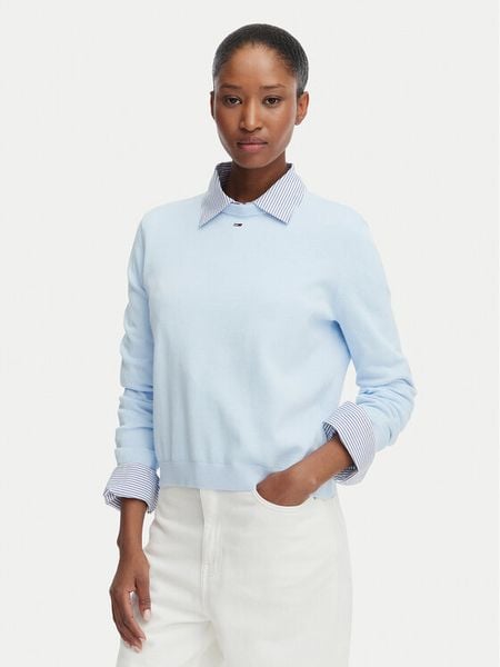 Tommy Jeans Sweter Essential DW0DW20159 Niebieski jasny Regular Fit. Niebieskie swetry klasyczne damskie Tommy Jeans, l, z bawełny, bez kołnierzyka. Za 369.99 zł.