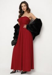 Bordowa Sukienka Koktajlowa Bandeau z Wiskozą Ozdobiona Marszczeniem Nalithae. Czerwone sukienki damskie Born2be, na co dzień, m, bez wzorów, z jeansu, eleganckie, bez kołnierzyka, bez ramiączek, maxi, kopertowe. W wyprzedaży za 151.99 zł.