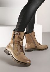 Ciemnobeżowe Botki za Kostkę z Wiązaniem Rahwa. Brązowe botki damskie Born2be, z jeansu, eleganckie, za kostkę, bez obcasa, na obcasie, bez zapięcia. Za 159.99 zł.