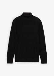 Cienki sweter z golfem z domieszką wełny merino, slim fit. Zielone swetry męskie bonprix, m, bez wzorów, z wełny, bez kołnierzyka. Za 149.99 zł.
