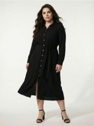 Wiskozowa sukienka koszulowa z domieszką lnu - czarny. Czarne sukienki damskie Sinsay, l, bez wzorów, z wiskozy, bez kołnierzyka, bez ramiączek, koszulowe. Za 69.99 zł.