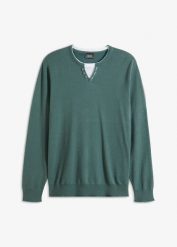 Cienki sweter z efektem dwóch warstw z miękkiej mieszanki bawełny. Zielone swetry męskie bonprix, m, bez wzorów, z bawełny, bez kołnierzyka. Za 109.99 zł.