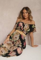Czarna Sukienka Hiszpanka z Kwiatowym Wzorem i Plecionym Paskiem Sadeene. Czarne sukienki damskie Renee, na co dzień, na lato, m, bez wzorów, eleganckie, bez kołnierzyka, bez ramiączek, midi. Za 139.99 zł.