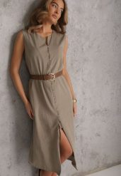 Zielona Pudełkowa Sukienka z Wiskozą Bawełną Guzikami i Paskiem Magmaris. Zielone sukienki damskie Renee, do pracy, na lato, l, bez wzorów, z bawełny, biznesowe, bez kołnierzyka, bez ramiączek, midi. Za 139.99 zł.