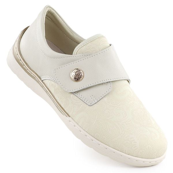 Skórzane półbuty kremowe na rzep UNISOFT 8435. Białe półbuty damskie Unisoft, bez wzorów, ze skóry, bez obcasa. Za 159.99 zł.