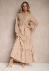 Beżowa Rozkloszowana Sukienka z Wiskozy w Stylu Boho z Koronką i Gumką Gonalien. Brązowe sukienki damskie Renee, na co dzień, na lato, l, bez wzorów, z koronki, boho, bez kołnierzyka, bez ramiączek, maxi, rozkloszowane. Za 129.99 zł.