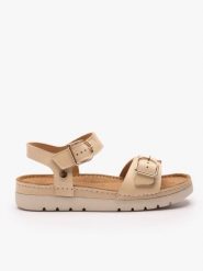 Beżowe sandały na grubszym spodzie z dwoma paskami. Brązowe sandały damskie Ryłko, bez wzorów, ze skóry, bez obcasa, na obcasie. Za 399.99 zł.