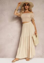 Beżowa Wiskozowa Spódnica High Waist z Gumką w Talii i Falbanką Christiara. Brązowe spódniczki damskie Renee, na lato, bez wzorów, z materiału, z podwyższonym stanem, maxi. Za 39.99 zł.