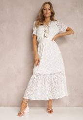 Biała Sukienka Theleope. Białe sukienki damskie Renee, na imprezę, l, bez wzorów, z koronki, boho, bez kołnierzyka, bez ramiączek, maxi. W wyprzedaży za 119.99 zł.