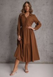 Brązowa Rozkloszowana Sukienka Koszulowa z Bawełny i Wiskozy Zdobiona Klapami Gleta. Brązowe sukienki damskie Renee, na co dzień, l, z aplikacjami, z bawełny, eleganckie, bez kołnierzyka, bez ramiączek, maxi, koszulowe. Za 159.99 zł.