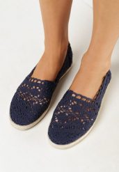 Granatowe Ażurowe Espadryle z Plecionką z Juty Adateia. Niebieskie espadryle damskie Born2be, w ażurowe wzory, bez obcasa. Za 44.99 zł.