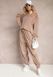 Beżowy Komplet Dresowy z Weluru Luźna Bluza z Dekoltem w V i Elastyczne Spodnie z Kieszeniami Esparkia. Brązowe bluzy bez kaptura damskie Renee, l, z dresówki. Za 89.99 zł.