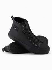 Męskie buty wysokie trampki z ozdobnym noskiem – czarne V1 - Rozmiar: 41. Czarne trampki i tenisówki męskie Ombre Clothing, z aplikacjami, z gumy, przed kolano, bez zapięcia. W wyprzedaży za 109.99 zł.