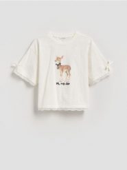 T-shirt z koronką - złamana biel. Koszulki dziewczęce Reserved, bez wzorów, z bawełny, bez ramiączek. Za 39.99 zł.