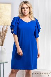 Sukienka elegancka z ozdobnymi rękawami ELIANA chabrowa. Niebieskie sukienki damskie KARKO, na imprezę, na lato, s, bez wzorów, z elastanu, eleganckie, bez kołnierzyka, bez ramiączek, midi, kopertowe. Za 89.50 zł.