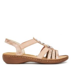 Sandały Rieker. Czerwone sandały damskie Rieker, bez wzorów, bez obcasa, na płaskiej podeszwie. Za 299.99 zł.