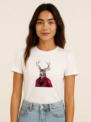 WOOOP Koszulka "Red clad deer" w kolorze białym rozmiar: S. Białe bluzki damskie Wooop, s, bez wzorów, z bawełny, bez kołnierzyka, bez ramiączek. Za 56.99 zł.