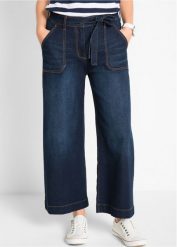 Dżinsy Wide Leg, high waist z wygodnym paskiem, cropped. Niebieskie jeansy damskie bonprix, z podwyższonym stanem. Za 129.99 zł.