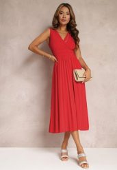 Czerwona Sukienka z Kopertowym Dekoltem i Plisowanym Dołem Anamarie. Czerwone sukienki damskie Renee, l, bez wzorów, bez kołnierzyka, bez ramiączek, midi, kopertowe. Za 199.99 zł.