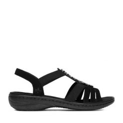 Sandały Rieker. Czarne sandały damskie Rieker, bez wzorów, bez obcasa, na płaskiej podeszwie. Za 269.99 zł.