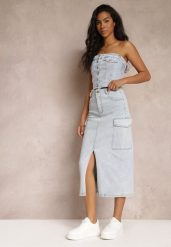 Jasnoniebieska Jeansowa Spódnica Midi o Fasonie Cargo z Rozcięciem Codie. Niebieskie spódniczki damskie Renee, m, bez wzorów, z jeansu, eleganckie, z podwyższonym stanem, midi, proste. Za 139.99 zł.