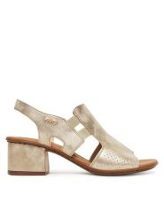 Rieker Sandały 64665-60 Złoty. Żółte sandały damskie Rieker, bez wzorów, z materiału, bez obcasa, na słupku. Za 319.99 zł.