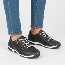 Półbuty damskie Rieker, cholewka ze skóry naturalnej o ziarnistej fakturze z kontrastowym sznurowaniem i bocznym zamkiem, niebieskie, 55901-14. Niebieskie półbuty damskie Rieker, bez wzorów, ze skóry, klasyczne, bez obcasa. Za 349.00 zł.