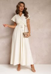 Jasnobeżowa Koktajlowa Maxi Sukienka Ozdobiona Plisami z Trójkątnym Dekoltem i Wiązaniem w Talii Phoelia. Brązowe sukienki damskie Renee, na imprezę, m, bez wzorów, eleganckie, bez kołnierzyka, bez ramiączek, maxi. W wyprzedaży za 59.49 zł.