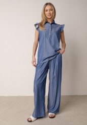 Niebieski Komplet z Wiskozą Szerokie Spodnie i Bluzka z Kołnierzykiem Nautiviane. Niebieskie spodnie materiałowe damskie Born2be, bez wzorów, z materiału, casualowe, plus size. Za 99.99 zł.